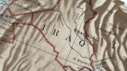 Macro close up of a vintage map highlighting Iraq, showcasing detailed cartography, major regions and cities, and classic antique textures ideal for travel, geography, and historical themes. © Andi Permana