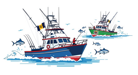 Fototapeta premium Fishing boats with tuna and Barbados flags vector illustration isolated on white background