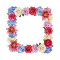 Fototapeta premium Floral wreath circle arrangement with roses, lilies, and hydrangeas isolated on transparent background