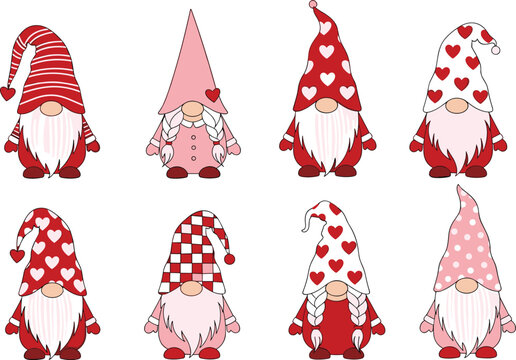 Set of Valentine's Day Gnome Vector Illustrations Featuring Red, Pink, and Heart-Patterned Hats for Love, Romance, and Holiday Designs