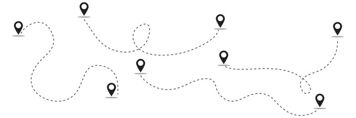 Route with location pins icon set in solid and black color styles. Minimal vector symbols for navigation, map, GPS, travel, destination, route planning, logistics and location tracking concepts. © Rami