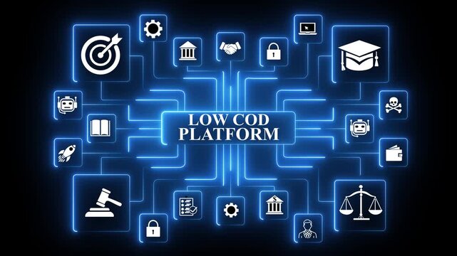Low code platform network animation with connected technology icons and glowing data development and digital workflow visualization on dark background,4k animation video ,4k