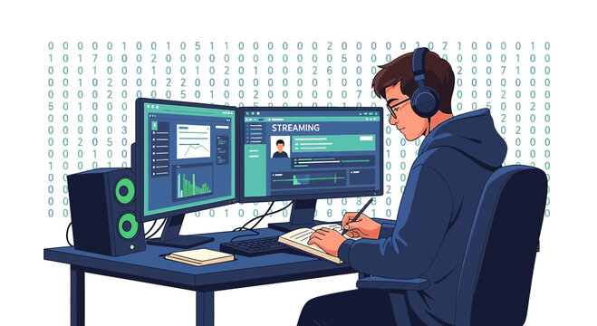 Illustrative developer working on dual monitors with binary code background vector