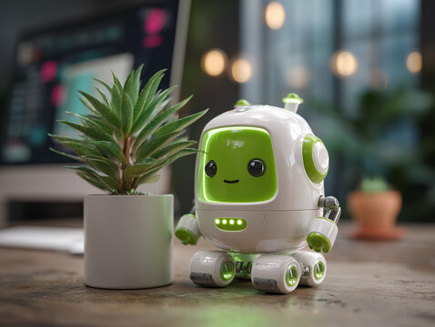 Cute Voicebot Robot Sitting Next to Computer with Potted Plant on Wooden Desk