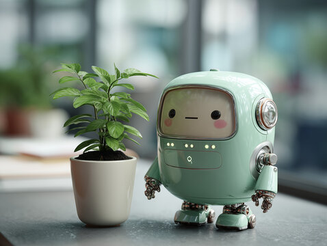 Cute Voicebot Robot Next to Computer with Potted Plant on Desk