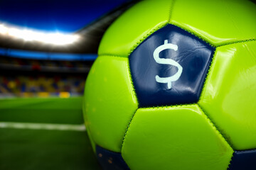 Obraz premium Dollar Symbol on a Green Soccer Ball. Online Sports Betting Concept. Copy Space. Minimalism. Shallow depth of field.