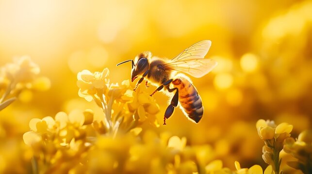 The golden rapeseed field with bees dancing in the sunshine