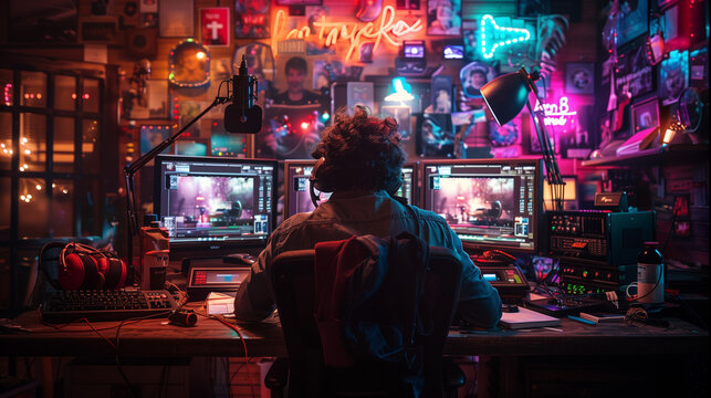 Film Editor at Work in a Vibrant Studio with Multiple Screens and Neon Lights