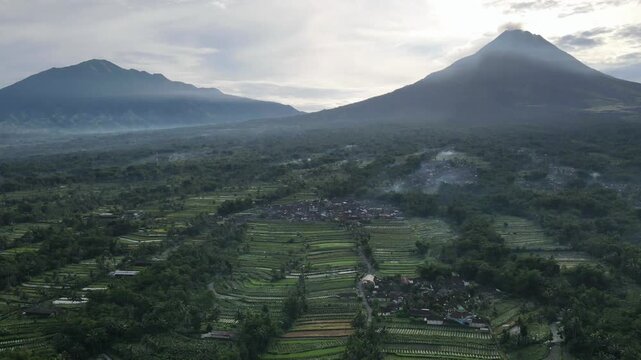 ,Aerial drone footage over lush green rice terraces and a small village with a smoking volcano in the background
