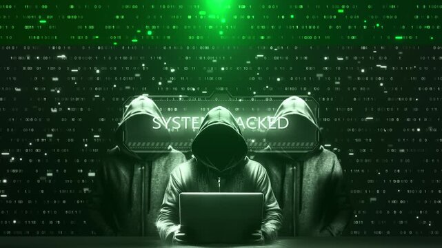 Cyber Attack Hacker System Breach Digital Security Anonymous laptop green code system hacked warning, cybersecurity threats, data breach risks online network attacks, security awareness technology