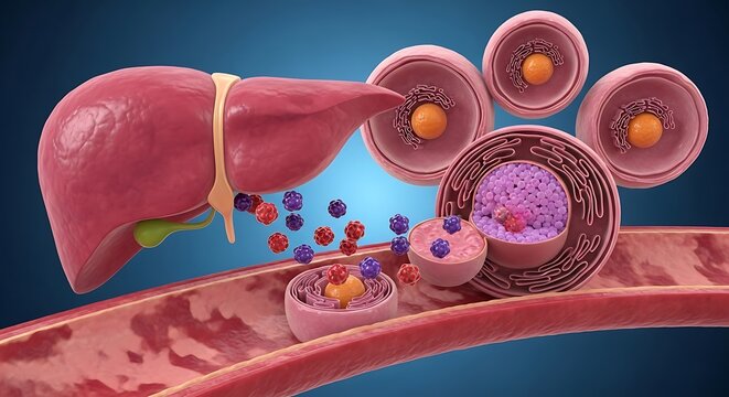 Liver releasing glucose molecules into bloodstream for cellular energy supply and metabolic regulation illustration