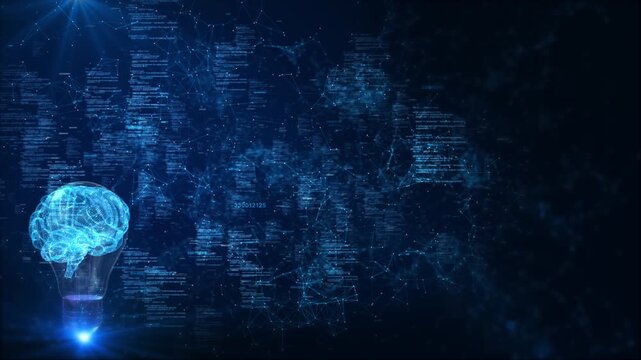 Innovative Idea with Glowing Light Bulb Brain Digital network light bulb human brain inside background, Wireframe light bulb digital network effect, connectivity and innovation, Creative idea concept.