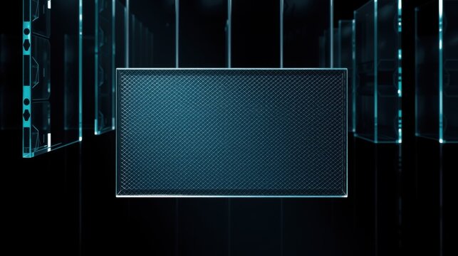 Futuristic digital space. Glowing blue lines create abstract walls, floor reflects light. Central rectangle offers blank canvas.