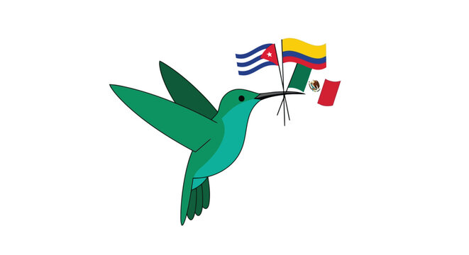 Green hummingbird holding small flags in its beak as a symbol of unity isolated on white background