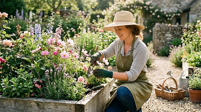 Woman Gardening in a Lush Flower Garden.
