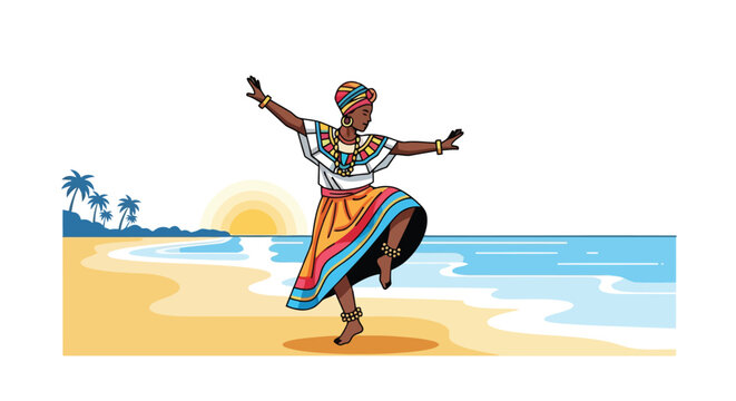 Woman dancing in traditional pollera dress on a sandy tropical beach isolated on white background