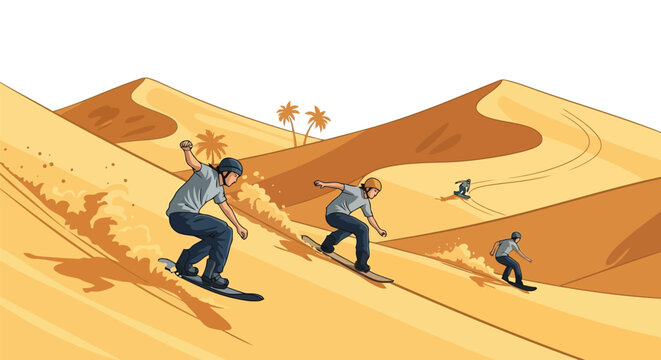 Active people sandboarding down large dunes in desert landscape isolated on white background