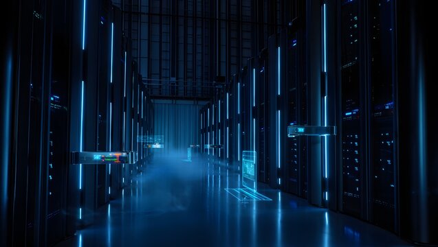 A futuristic data center with glowing blue server racks