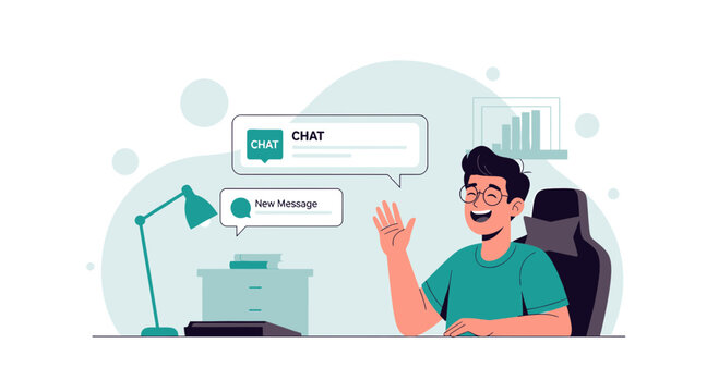 Illustration of a smiling man waving while receiving chat messages on his computer