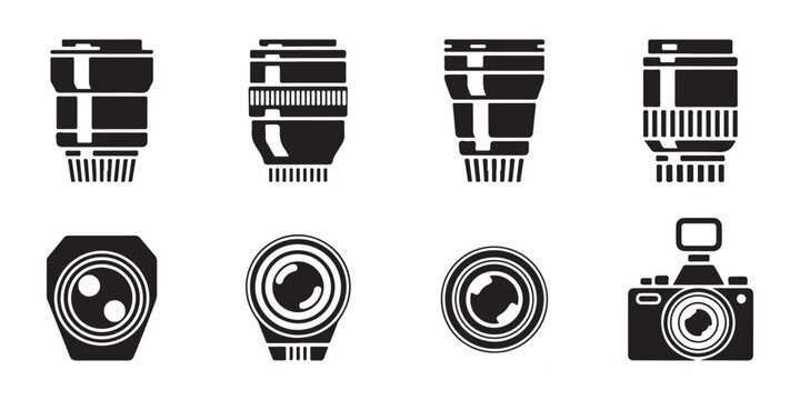 Collection of 8 solid black vector icons showcasing various camera lenses and a full camera setup.