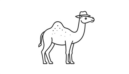 Fototapeta premium A line drawing of a camel wearing a small fedora hat. The camel stands on its legs facing right. It has a smiling expression