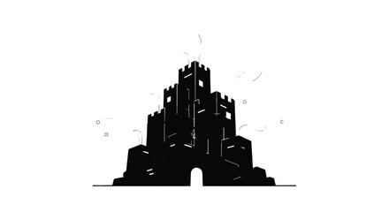 Obraz premium Castle silhouette stands tall with fortified walls and towers against white sky.