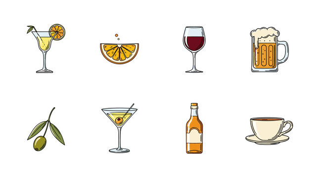 Collection of assorted beverages and ingredients in a clean, modern illustration style