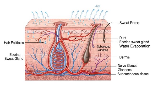 Detailed anatomical diagram of skin structure showing hair follicles, eccrine sweat glands, and sebaceous glands with layer labels.