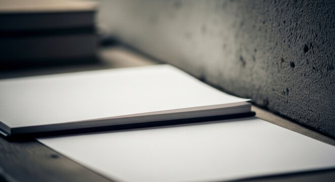 Blank open notebook with textured paper pages on dark rustic table, workspace mockup, academic study or creative planning