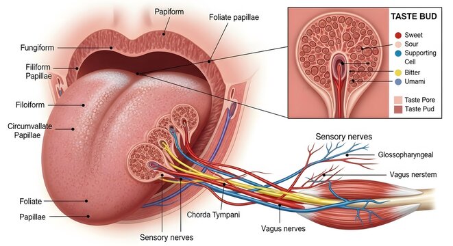 Comprehensive anatomical diagram of the human tongue showing various papillae types and the sensory nerves for taste perception.