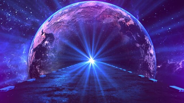 Futuristic Cosmic Road Leading To Planet Space Scene planet cosmic space. for sci fi visuals, space exploration themes, digital art projects, universe concepts, imaginative storytelling backgrounds.