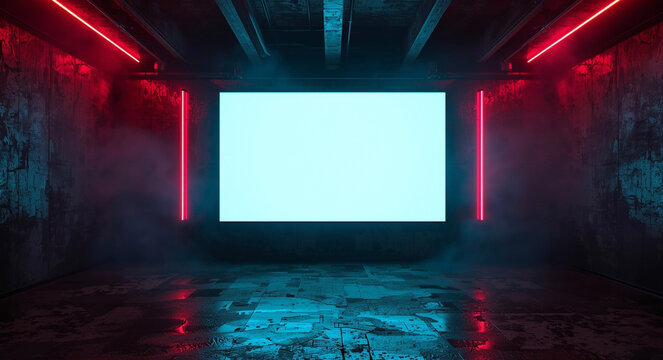 Interior background of a dark and empty building or empty warehouse, with a glowing white screen in the center.