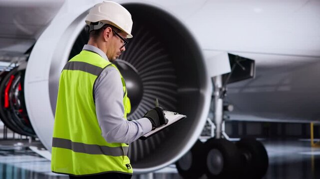 Engineer In Safety Helmet Carefully Inspects Airplane Jet Engine During