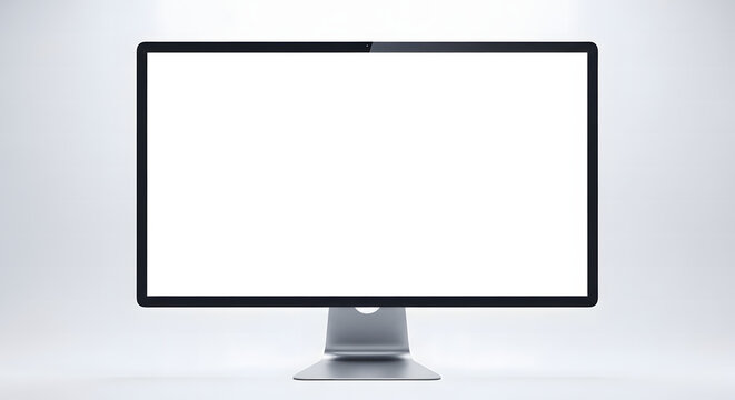 Modern desktop computer monitor featuring a large blank white screen for professional graphic design and high resolution digital display mockups