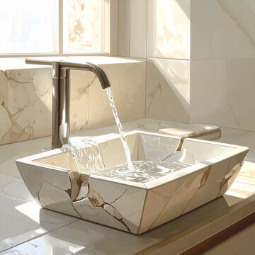 Water trickles into a fractured ceramic sink in a brightly lit bathroom setting.