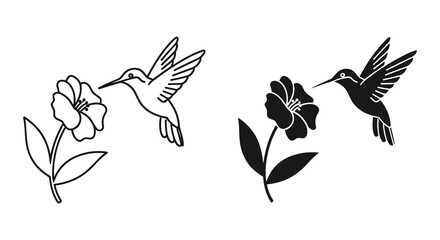 Obraz premium Two hummingbird illustrations one line art and the other a filled silhouette