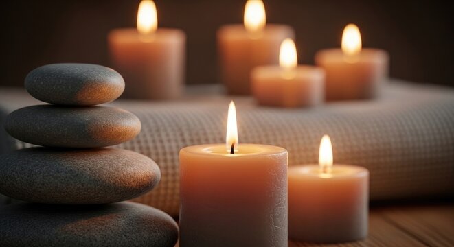 Serene still life stacked stones and glowing candles create a peaceful and meditative atmosphere