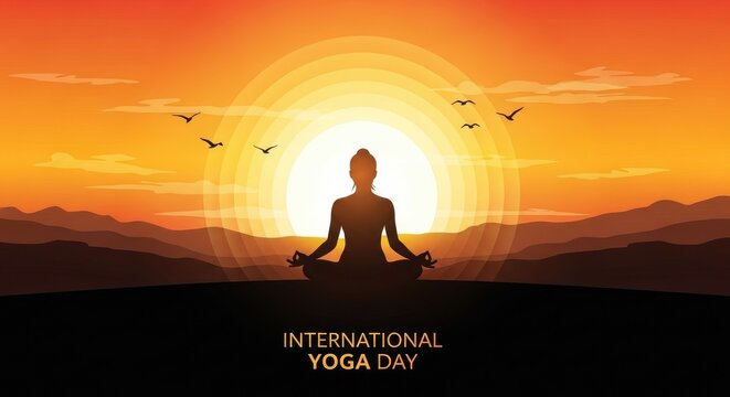 Silhouette of a meditating person against a vibrant sunset with birds in flight evoking peace
