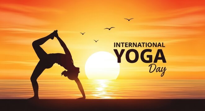 Silhouette of a yoga practitioner at sunset celebrating international yoga day with birds flying