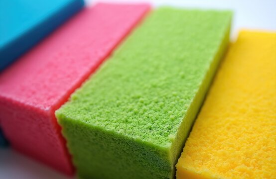 Row of colorful rectangular sponges for cleaning. Blue pink green and yellow cleaning sponges lined up. Soft foam kitchen and bath supplies.