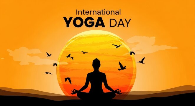 International yoga day illustration silhouette of a yogi meditating at sunset with birds