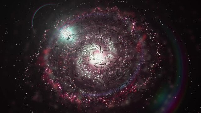 A surreal cosmic clock with rotating gears floats within a glowing galaxy, symbolizing the infinite flow of time, universal motion, and the connection between mechanics and the cosmos.
