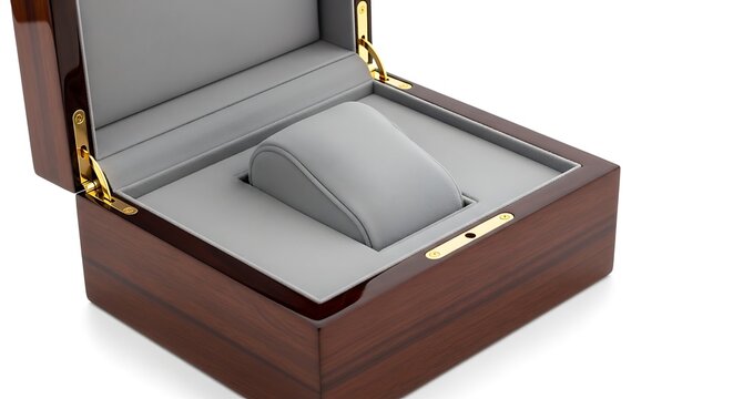 Luxury wooden watch box with velvet interior and pillow for premium jewelry storage and gift packaging concept in professional studio photography shot