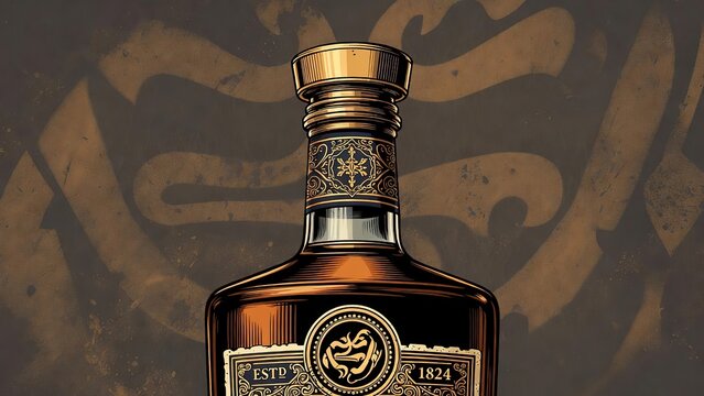 Elegant liquor bottle with gold ornate label and dark brown background