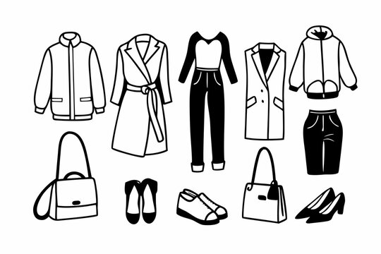 A stylish black and white illustration of various clothing items including jackets, a trench coat, trousers, and accessories like handbags and shoes.