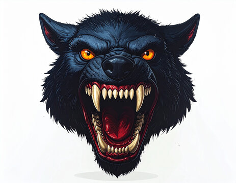 A dark cartoon wolf head with evil expression and sharp teeth on white background