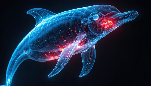 Artistic Rendering of a Dolphin with Internal Glows on a Dark Background &acirc;&euro;&ldquo; Marine Life Illustration