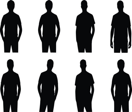 Set of eight black silhouettes of men with different body types vector illustration EPS PNG file