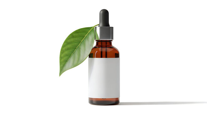 Dropper bottle with a blank white label features a single green leaf attached to the neck.