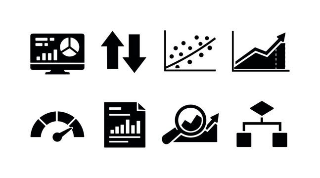 Data interpretation: analytics dashboard, comparison arrows, correlation graph, forecast chart, KPI gauge, report document, magnifying glass chart, decision chart.